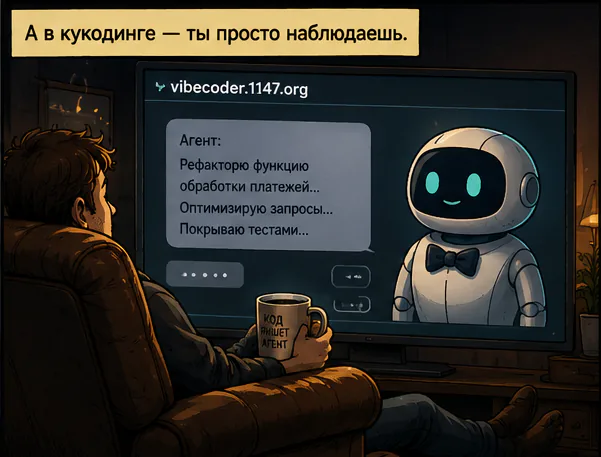 А в кукодинге — ты просто наблюдаешь. На экране vibecoder.1147.org: агент рефакторит функцию обработки платежей, оптимизирует запросы, покрывает тестами.